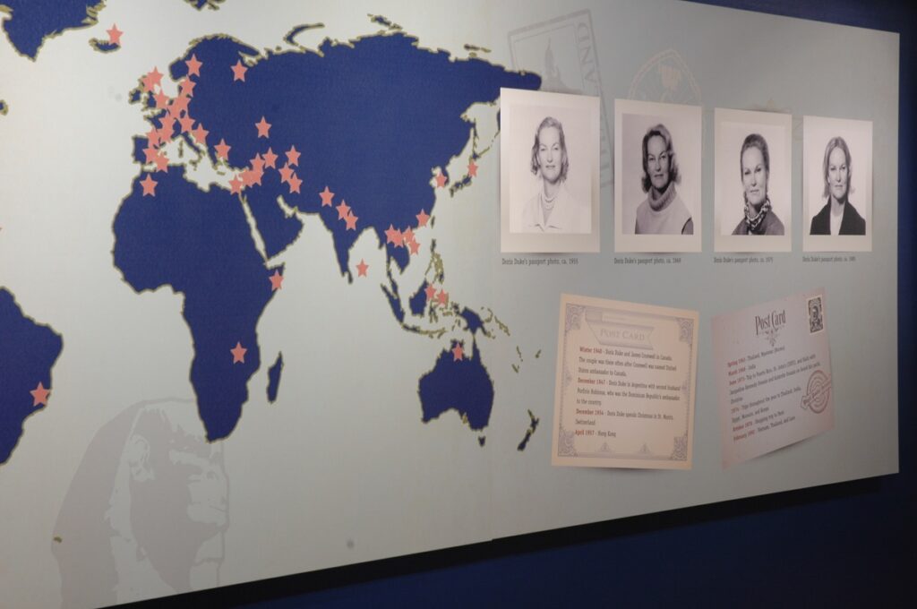Wall display of a map and locations of Doris' travels