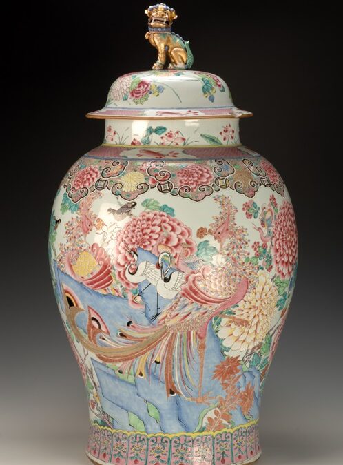 Famille Rose covered jars with phoenix and cranes among peonies
