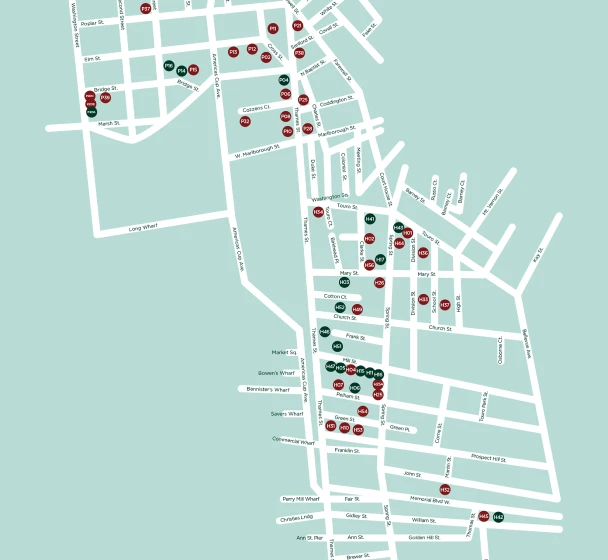 A line art tourist map of historic locations